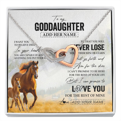 Interlocking Hearts Necklace Stainless Steel & Rose Gold Finish | 1 | Personalized To My Goddaughter Necklace From Godmother Uncle You Will Never Lose Horse Goddaughter Birthday Gifts Christmas Customized Gift Box Message Card | siriusteestore