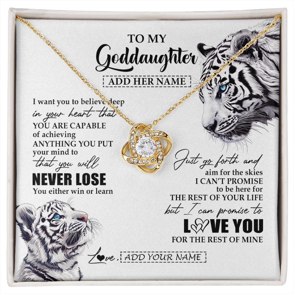 Love Knot Necklace 18K Yellow Gold Finish | 1 | Personalized To My Goddaughter Necklace From Godmother Uncle You Will Never Lose White Tiger Goddaughter Birthday Gifts Christmas Custom Gift Box Message Card | siriusteestore