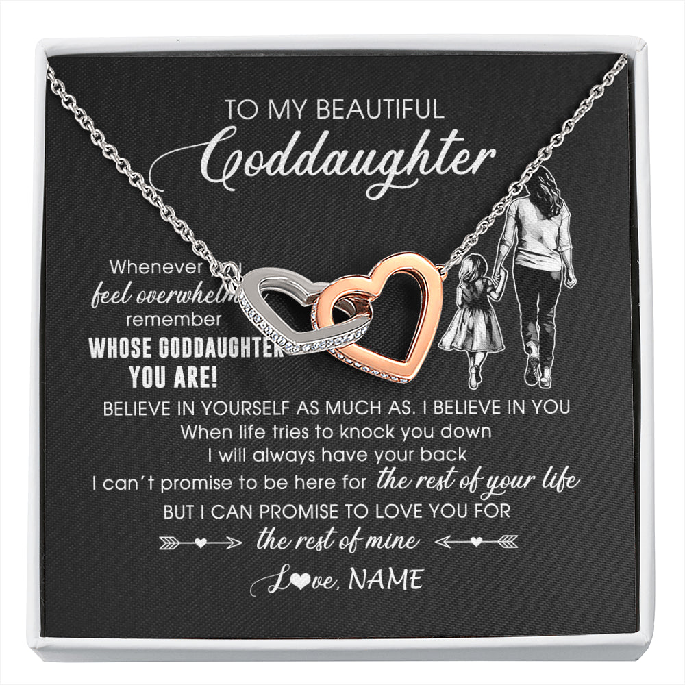 Interlocking Hearts Necklace Stainless Steel & Rose Gold Finish | 1 | Personalized To My Goddaughter Necklace From Godmother Whenever You Feel Overwhelmed Goddaughter Jewelry Birthday Graduation Christmas Customized Message Card | siriusteestore