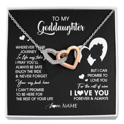 Interlocking Hearts Necklace Stainless Steel & Rose Gold Finish | 1 | Personalized To My Goddaughter Necklace From Godmother Wherever Your Journey Goddaughter Birthday Gifts Graduation Christmas Customized Gift Box Message Card | siriusteestore