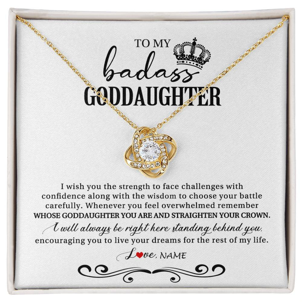 Love Knot Necklace 18K Yellow Gold Finish | Personalized To My Goddaughter Necklace From Godmother Wish You The Strength Goddaughter Birthday Graduation Christmas Customized Gift Box Message Card | siriusteestore