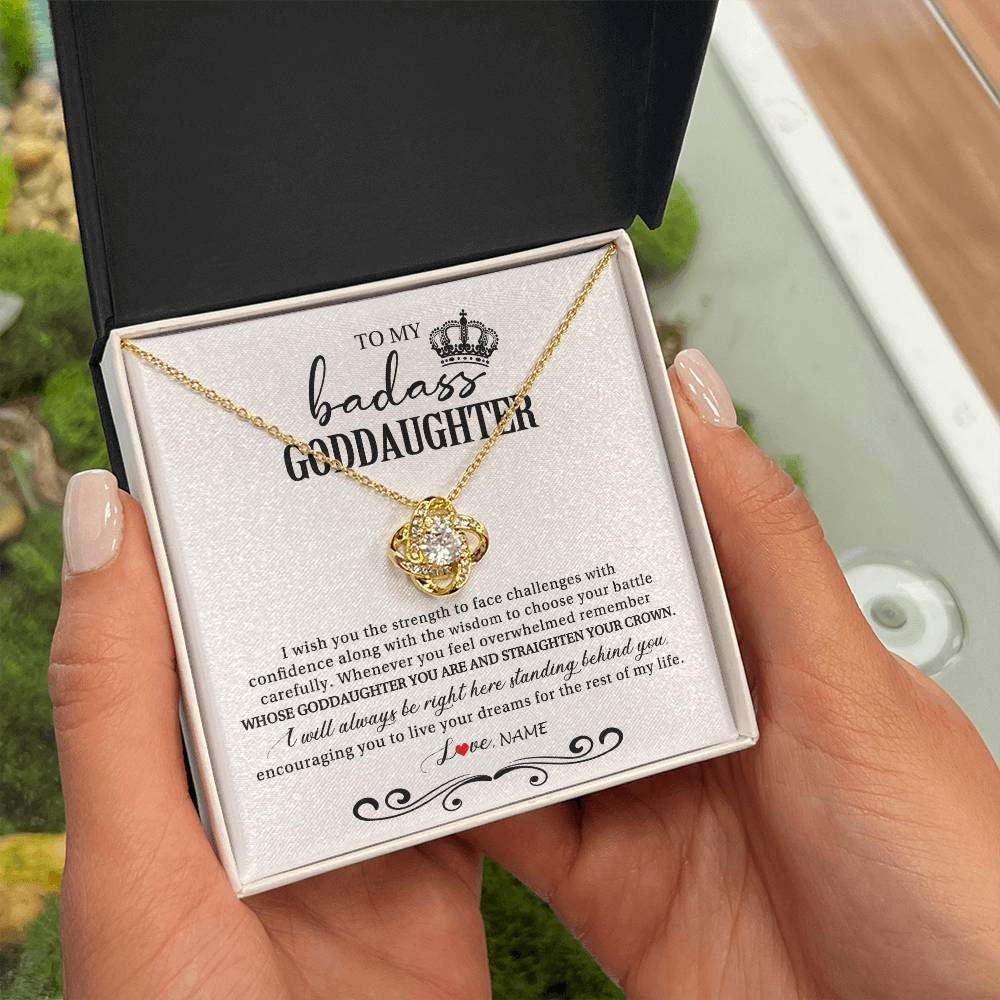 Love Knot Necklace 18K Yellow Gold Finish | Personalized To My Goddaughter Necklace From Godmother Wish You The Strength Goddaughter Birthday Graduation Christmas Customized Gift Box Message Card | siriusteestore