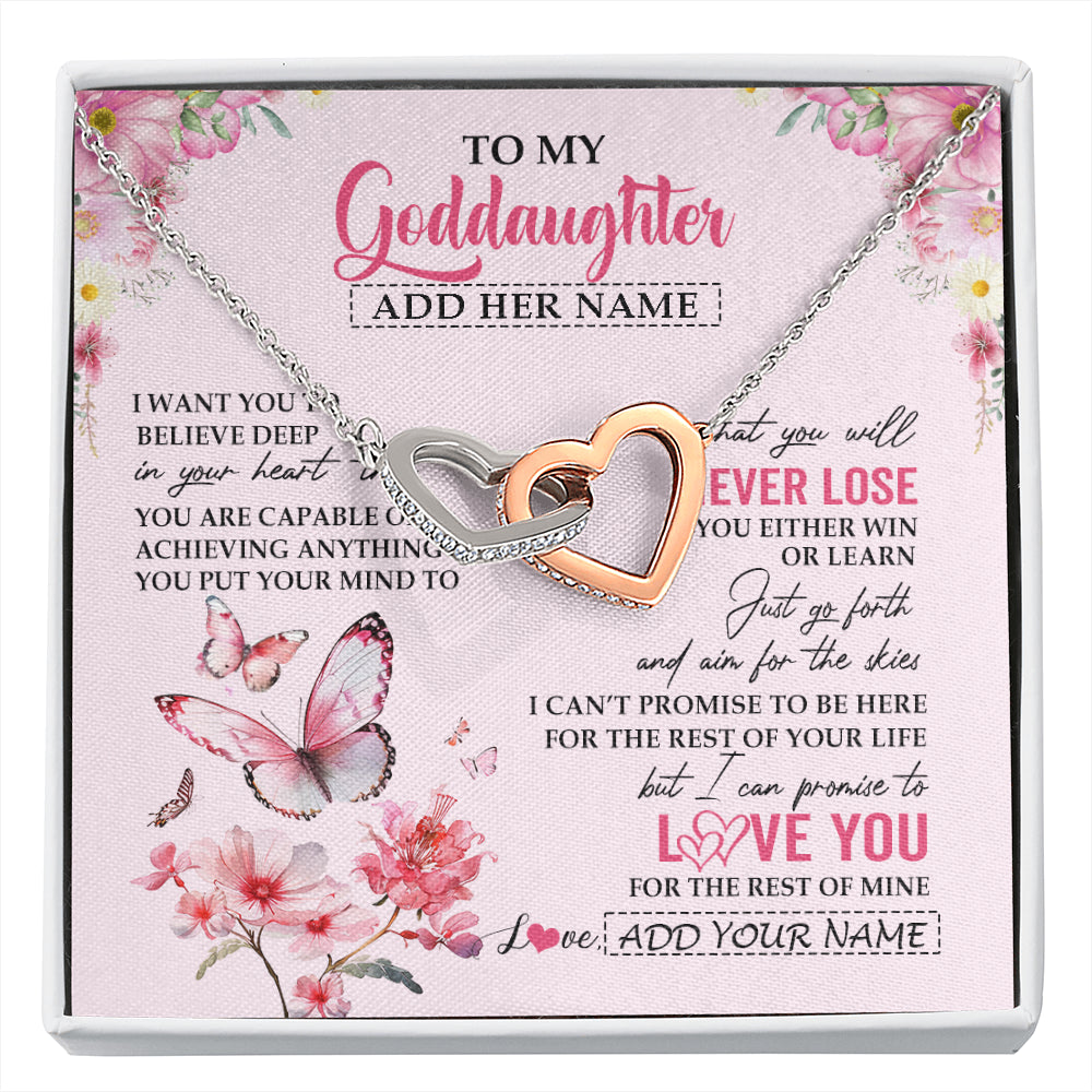 Interlocking Hearts Necklace Stainless Steel & Rose Gold Finish | 1 | Personalized To My Goddaughter Necklace From Godmother You Will Never Lose Butterfly Goddaughter Birthday Gifts Graduation Christmas Gift Box Message Card | siriusteestore