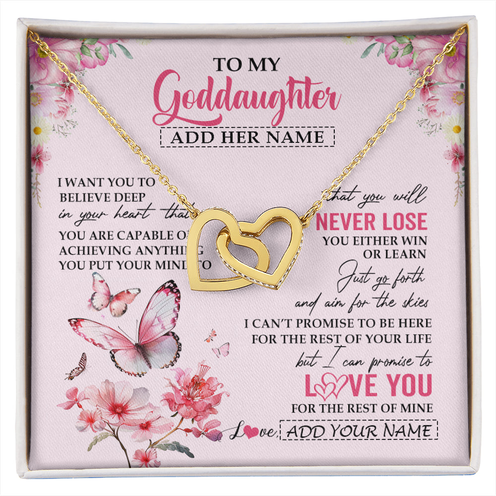 Interlocking Hearts Necklace 18K Yellow Gold Finish | 1 | Personalized To My Goddaughter Necklace From Godmother You Will Never Lose Butterfly Goddaughter Birthday Gifts Graduation Christmas Gift Box Message Card | siriusteestore