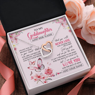 Interlocking Hearts Necklace Stainless Steel & Rose Gold Finish | 2 | Personalized To My Goddaughter Necklace From Godmother You Will Never Lose Butterfly Goddaughter Birthday Gifts Graduation Christmas Gift Box Message Card | siriusteestore