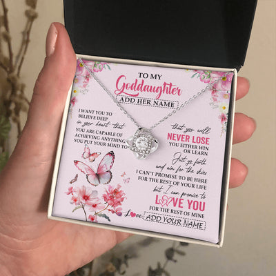 Love Knot Necklace 14K White Gold Finish | 2 | Personalized To My Goddaughter Necklace From Godmother You Will Never Lose Butterfly Goddaughter Birthday Gifts Graduation Christmas Gift Box Message Card | siriusteestore