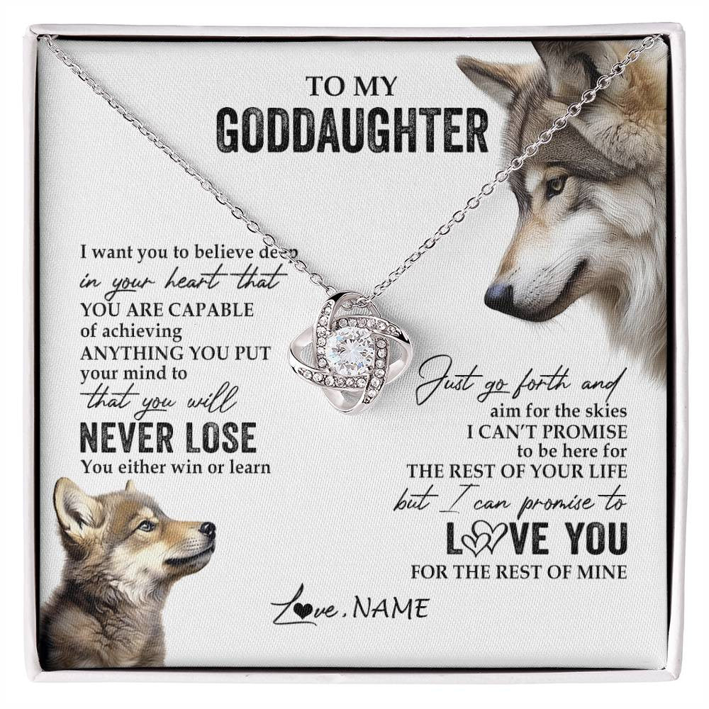 Love Knot Necklace 14K White Gold Finish | 1 | Personalized To My Goddaughter Necklace From Godmother You Will Never Lose Wolf Godchild Birthday Graduation Christmas Customized Gift Box Message Card | siriusteestore