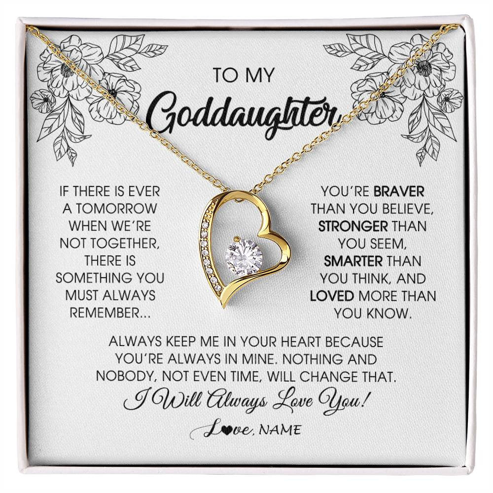 Forever Love Necklace 18K Yellow Gold Finish | Personalized To My Goddaughter Necklace From Godmother You're Braver Stronger Smarter Goddaughter Birthday Christmas Customized Jewelry Gift Box Message Card | siriusteestore