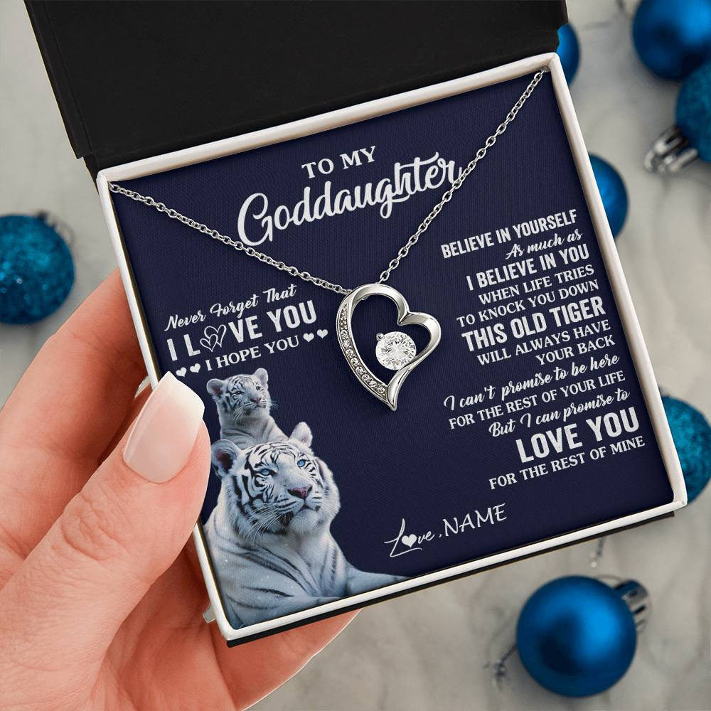 Forever Love Necklace 14K White Gold Finish | 2 | Personalized To My Goddaughter Necklace Gift From Stepmother This Old Tiger Love You Goddaughter Birthday Graduation Christmas Customized Gift Box Message Card | siriusteestore