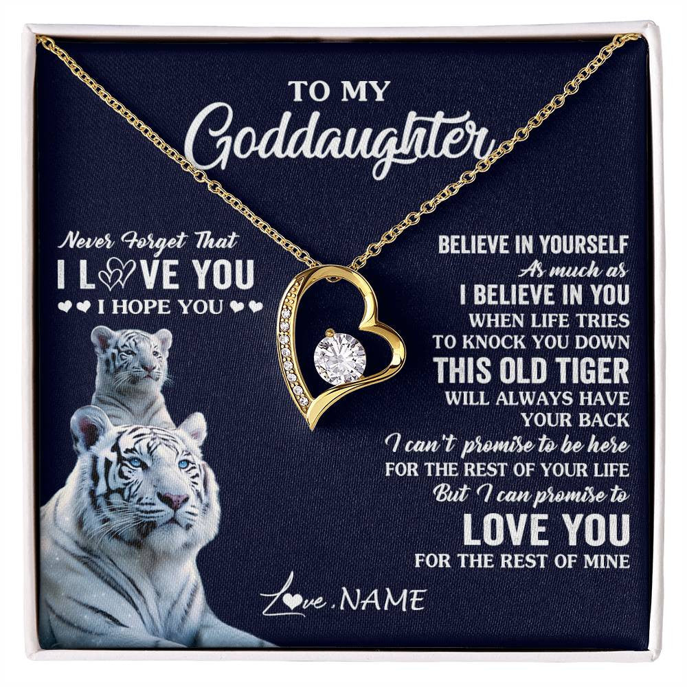 Forever Love Necklace 18K Yellow Gold Finish | 1 | Personalized To My Goddaughter Necklace Gift From Stepmother This Old Tiger Love You Goddaughter Birthday Graduation Christmas Customized Gift Box Message Card | siriusteestore