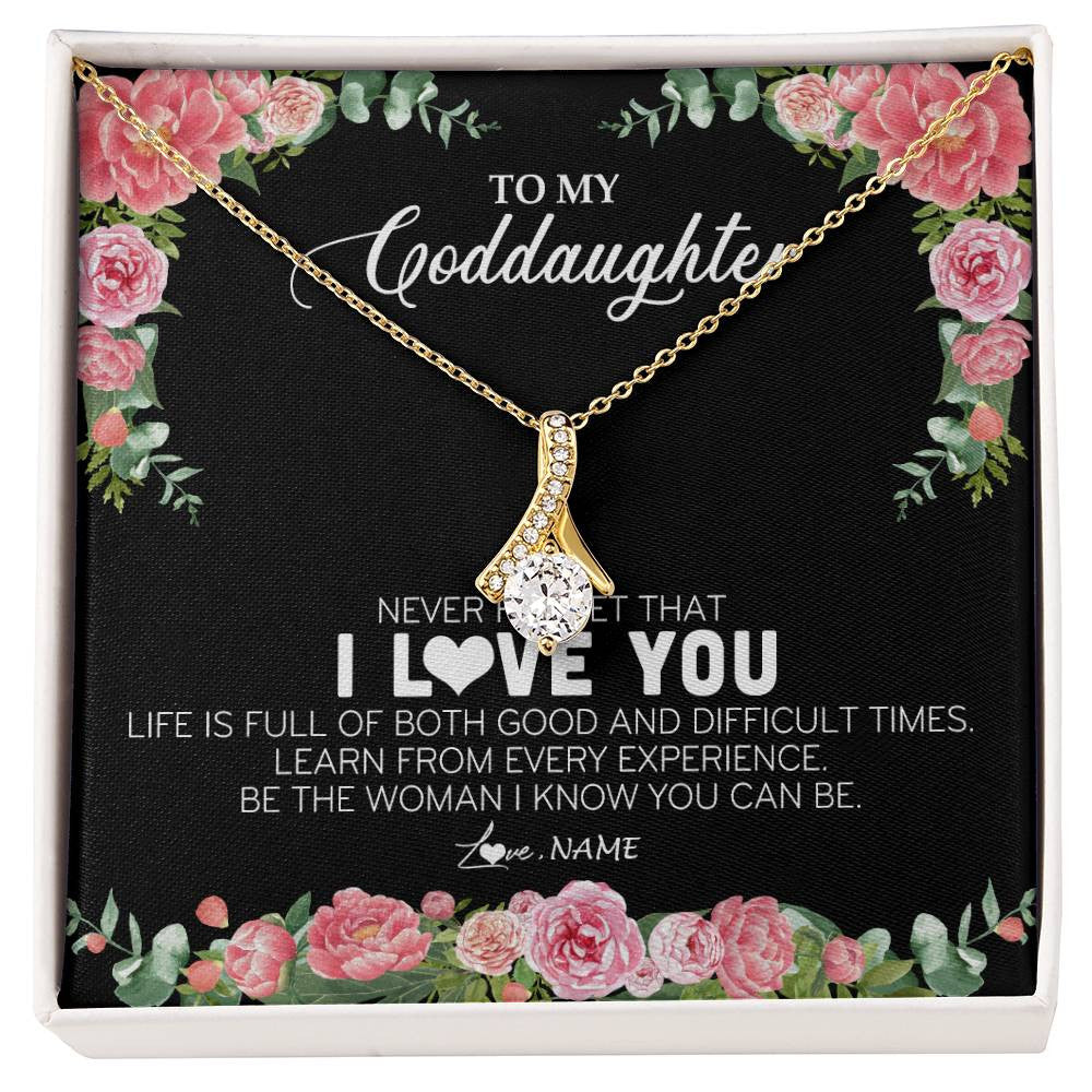 Alluring Beauty Necklace 18K Yellow Gold Finish | Personalized To My Goddaughter Necklace from Godmother Never Forget I Love You Floral Jewelry for Goddaughter Birthday Graduation Christmas Customized Message Card | siriusteestore
