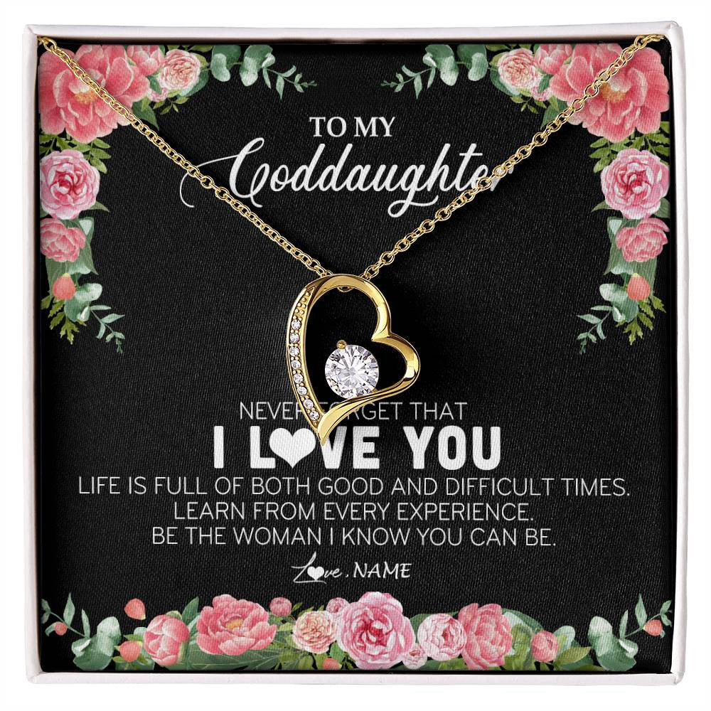 Forever Love Necklace 18K Yellow Gold Finish | Personalized To My Goddaughter Necklace from Godmother Never Forget I Love You Floral Jewelry for Goddaughter Birthday Graduation Christmas Customized Message Card | siriusteestore