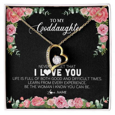 Forever Love Necklace 18K Yellow Gold Finish | Personalized To My Goddaughter Necklace from Godmother Never Forget I Love You Floral Jewelry for Goddaughter Birthday Graduation Christmas Customized Message Card | siriusteestore