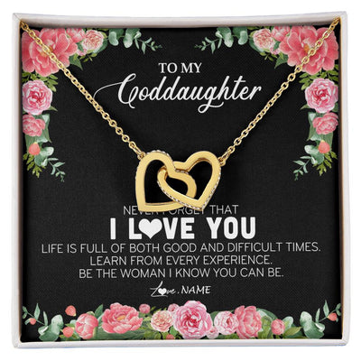 Interlocking Hearts Necklace 18K Yellow Gold Finish | Personalized To My Goddaughter Necklace from Godmother Never Forget I Love You Floral Jewelry for Goddaughter Birthday Graduation Christmas Customized Message Card | siriusteestore