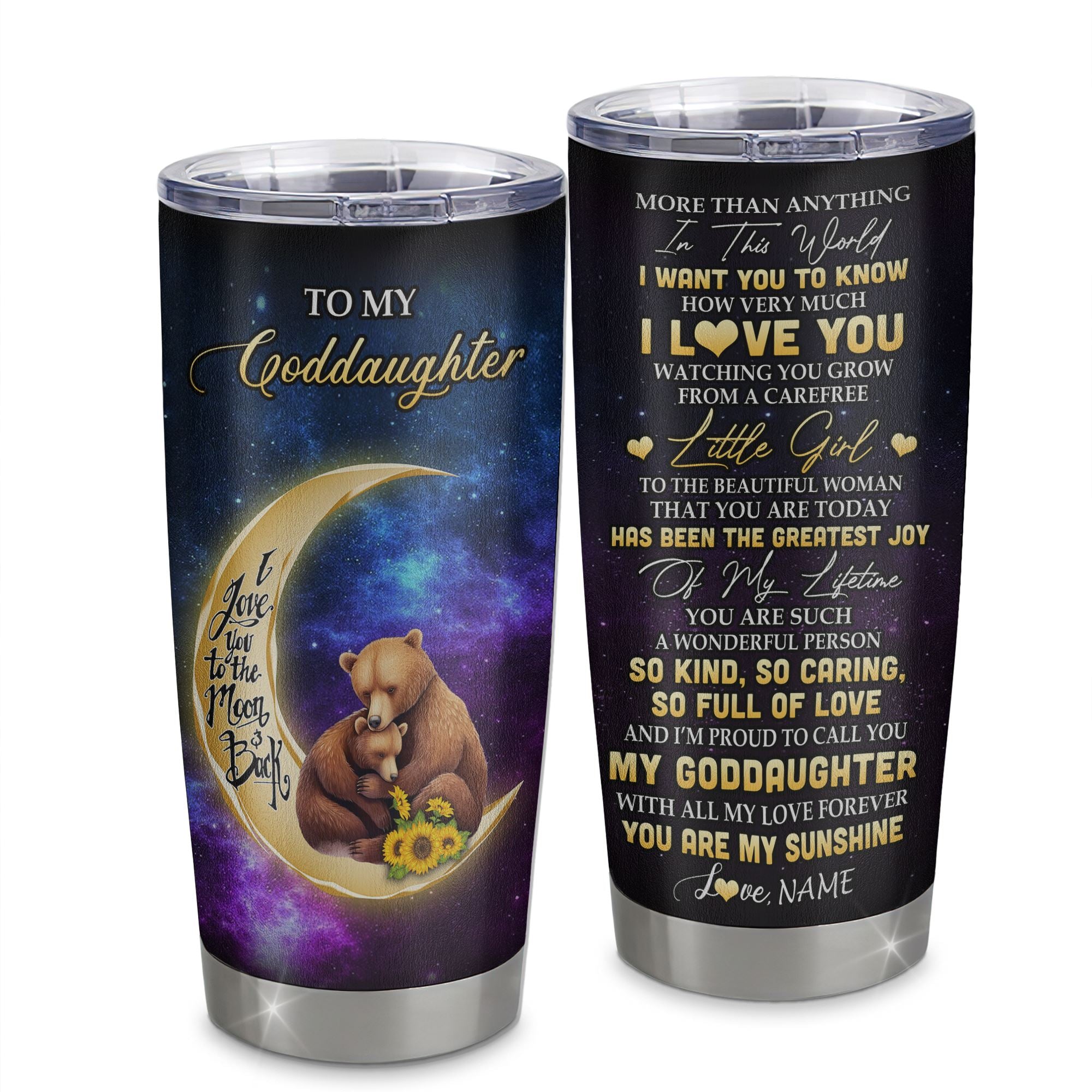 Personalized To My Goddaughter Tumbler From Godmother Positive Energy Encourage Brave Little Bear Goddaughter Birthday Gifts Graduation Christmas Custom Travel Mug | siriusteestore