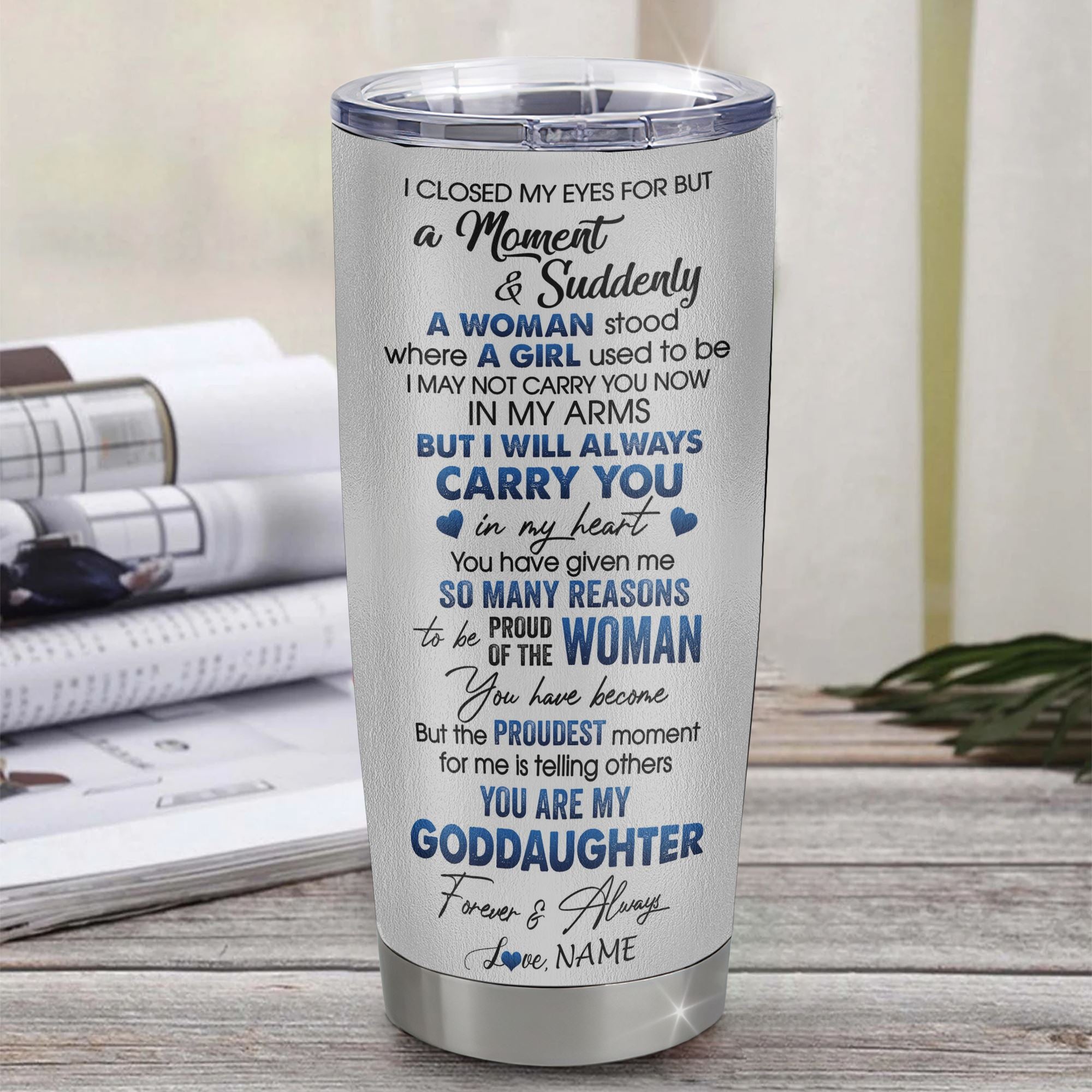 Personalized To My Goddaughter Tumbler From Godmother Uncle Stainless Steel Cup I Close My Eyes For But A Moment Wolf Goddaughter Birthday Gifts Christmas Travel Mug | siriusteestore
