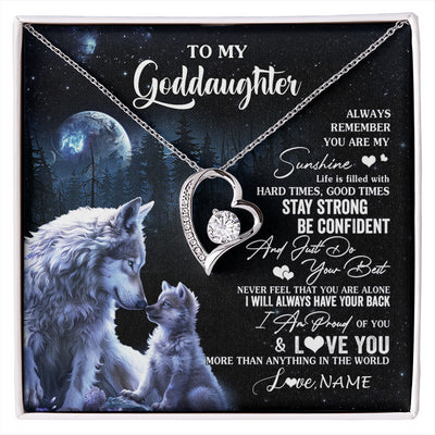 Forever Love Necklace 14K White Gold Finish | 1 | Personalized To My Goddaughter Wolf Necklace From Godmother Aunt Always Remember Godchild Birthday Graduation Christmas Customized Gift Box Message Card | siriusteestore