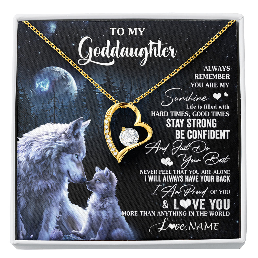 Forever Love Necklace 18K Yellow Gold Finish | 1 | Personalized To My Goddaughter Wolf Necklace From Godmother Aunt Always Remember Godchild Birthday Graduation Christmas Customized Gift Box Message Card | siriusteestore