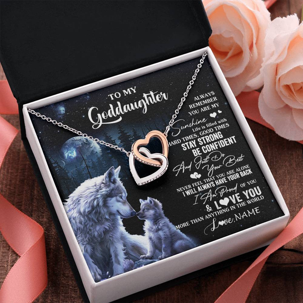 Interlocking Hearts Necklace Stainless Steel & Rose Gold Finish | 2 | Personalized To My Goddaughter Wolf Necklace From Godmother Aunt Always Remember Godchild Birthday Graduation Christmas Customized Gift Box Message Card | siriusteestore