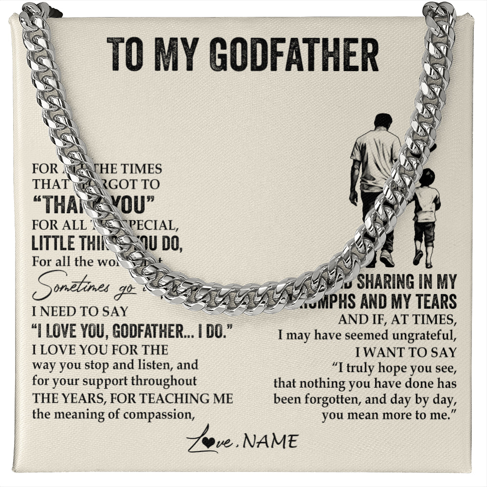 Cuban Link Chain Necklace Stainless Steel | 1 | Personalized To My Godfather Necklace From Nephew For All The Times That I Forgot To Thank You Birthday Fathers Day Christmas Customized Gift Box Message Card | siriusteestore