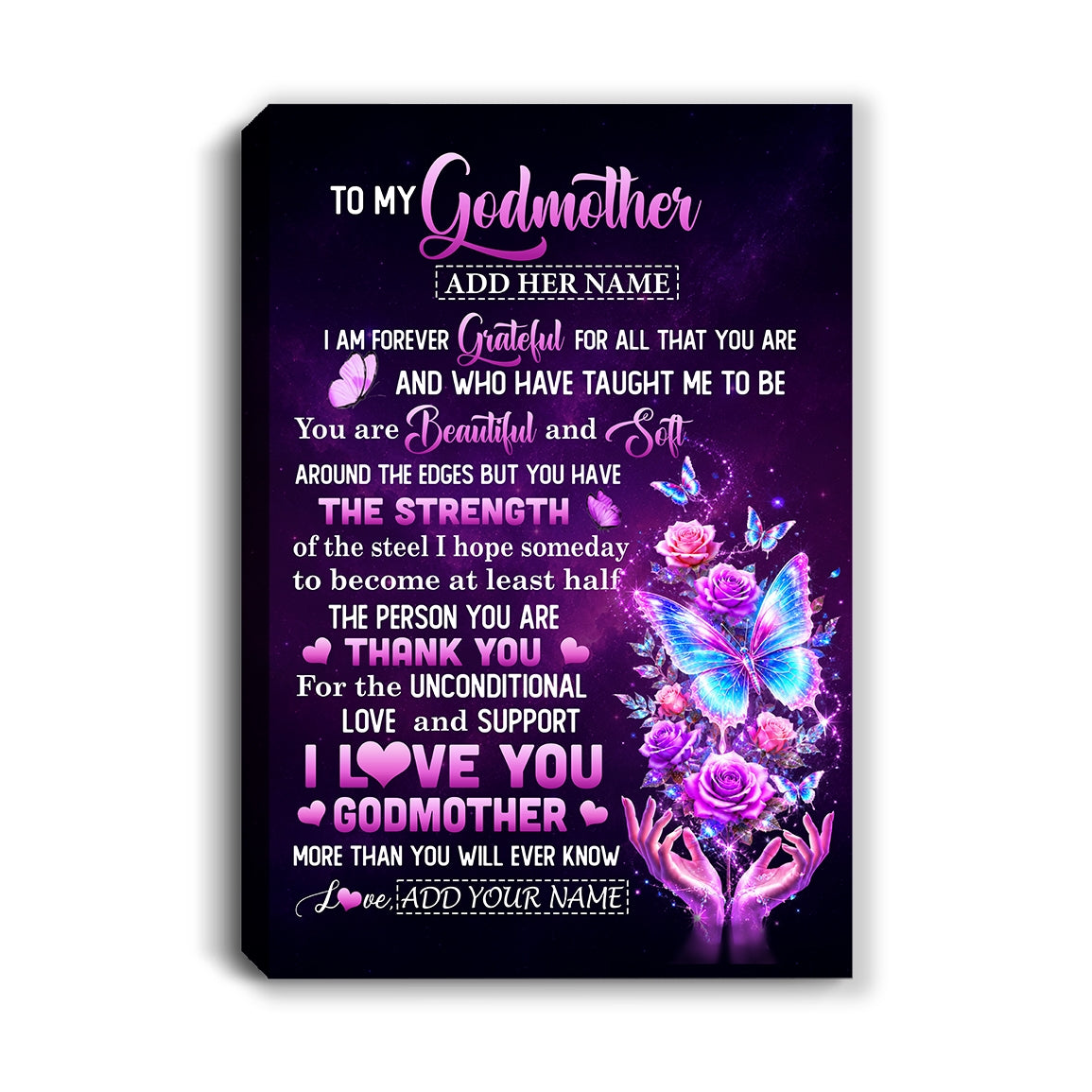 Personalized To My Godmother Canvas Thank You For Love Butterfly Godmother Birthday Gifts Mothers Day Thanksgiving Christmas Custom Wall Art Framed Canvas | siriusteestore