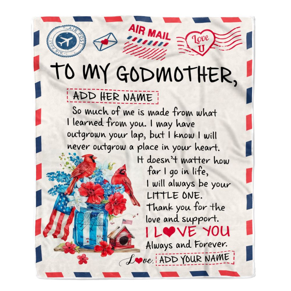 Personalized To My Godmother Gifts Blanket From Niece Nephew Cardinal Letter Air Mail Letter Birthday Gifts For Aunt Mothers Day Christmas Godmother Fleece Blanket | siriusteestore