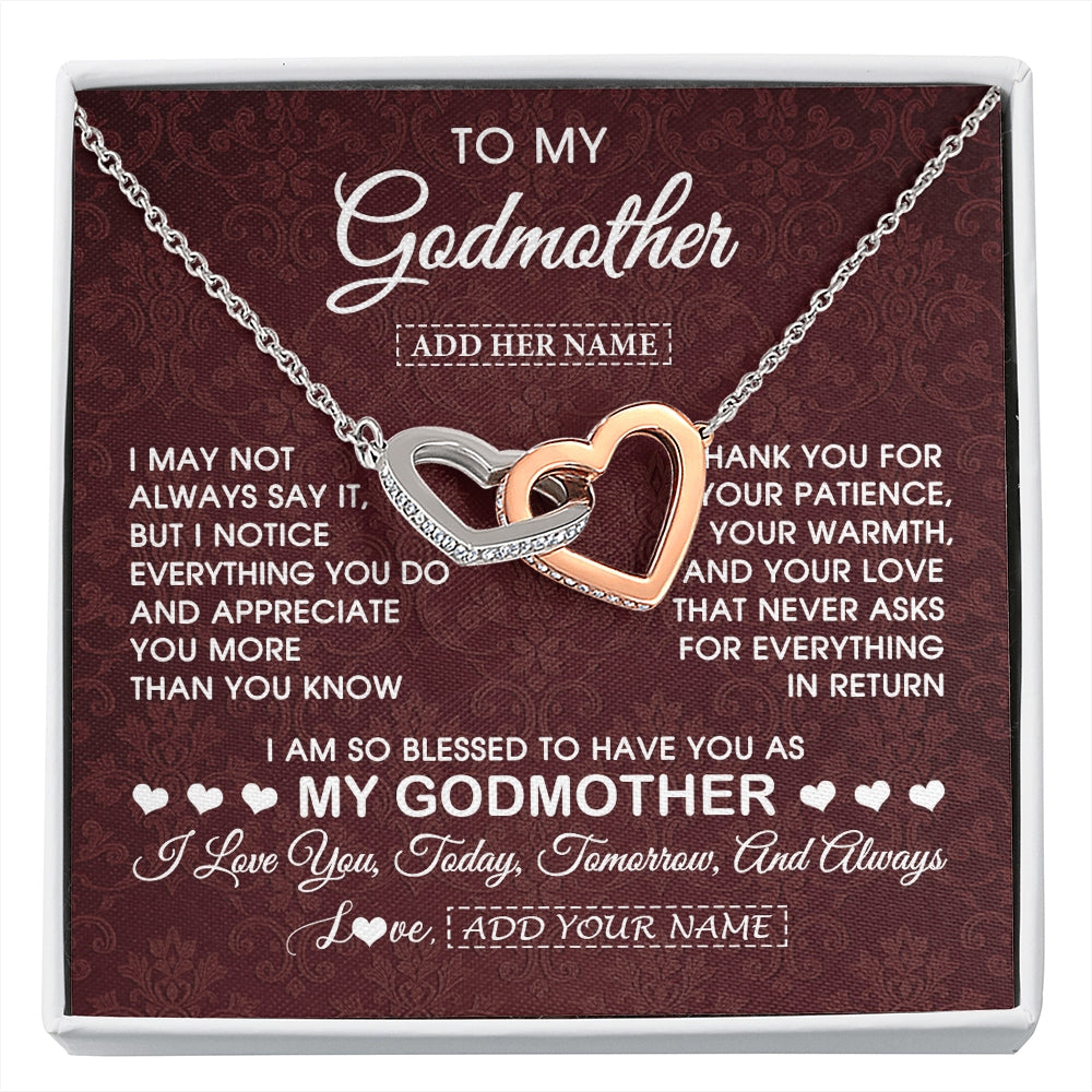 Interlocking Hearts Necklace Stainless Steel & Rose Gold Finish | 1 | Personalized To My Godmother Gifts From Niece Necklace Meaningful Jewelry Pendant Gifts For Aunt Mothers Day Birthday Christmas Custom Gift Box Message Card | https://siriusteestore.