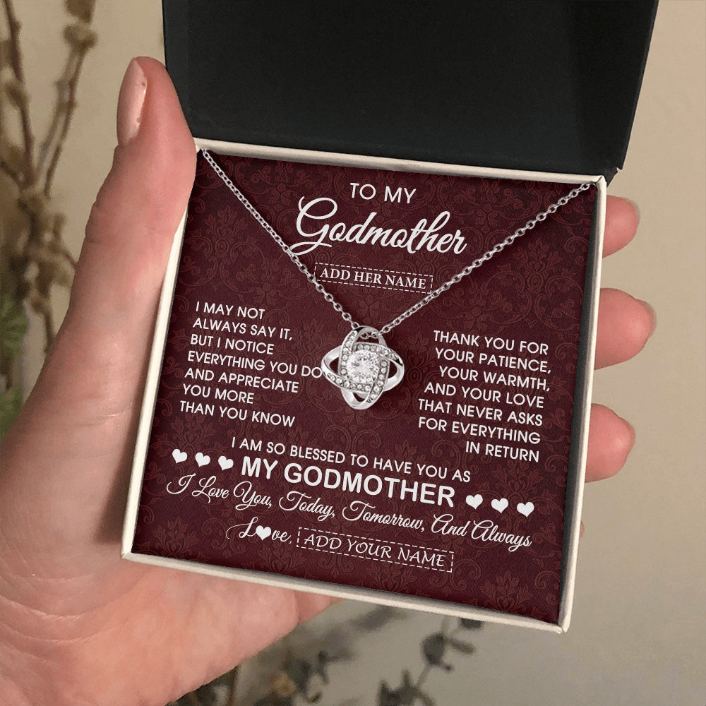 Love Knot Necklace 14K White Gold Finish | 2 | Personalized To My Godmother Gifts From Niece Necklace Meaningful Jewelry Pendant Gifts For Aunt Mothers Day Birthday Christmas Custom Gift Box Message Card | https://siriusteestore.