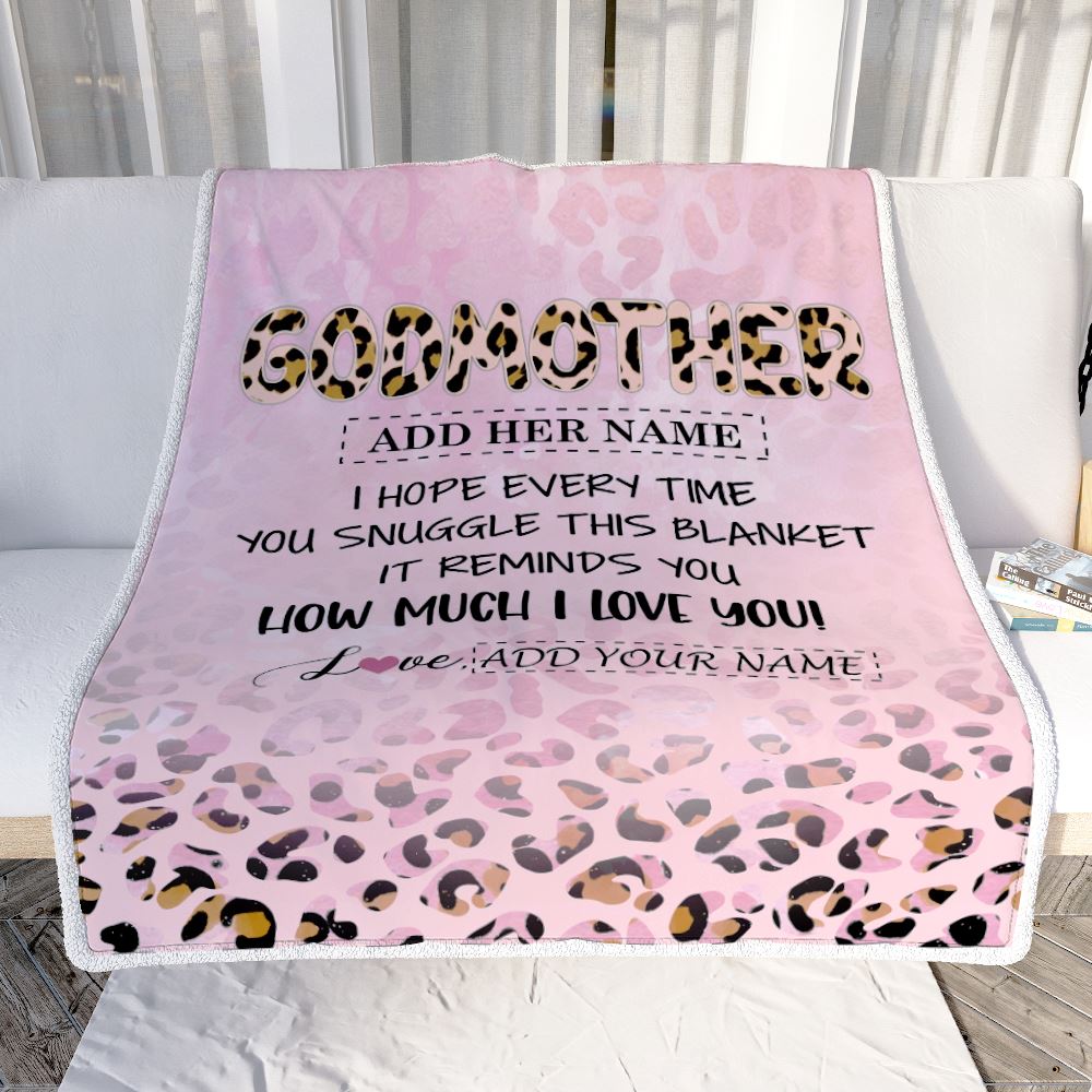Personalized To My Godmother Gifts From Niece Nephew Blanket Pink Leopard Happy Birthday Gifts For Aunt Mothers Day Christmas Customized Fleece Throw Blanket | siriusteestore