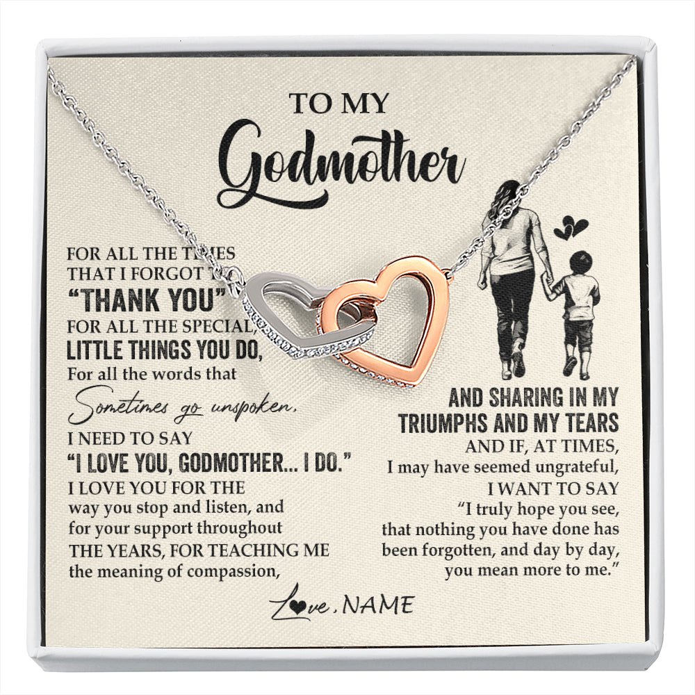 Interlocking Hearts Necklace Stainless Steel & Rose Gold Finish | 1 | Personalized To My Godmother Necklace From Nephew For All The Times That I Forgot To Thank You Birthday Mothers Day Christmas Customized Gift Box Message Card | siriusteestore