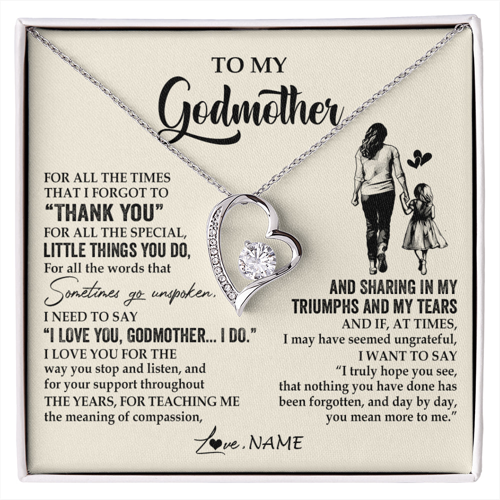 Forever Love Necklace 14K White Gold Finish | 1 | Personalized To My Godmother Necklace From Niece For All The Times That I Forgot To Thank You Birthday Mothers Day Christmas Customized Gift Box Message Card | siriusteestore