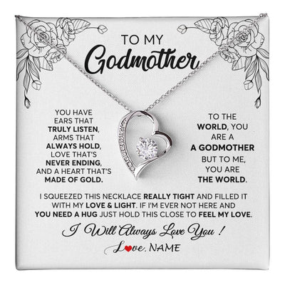 Forever Love Necklace 14K White Gold Finish | 1 | Personalized To My Godmother Necklace From Niece Hold This Close Feel My Love Godmother Birthday Mothers Day Christmas Customized Gift Box Message Card | siriusteestore