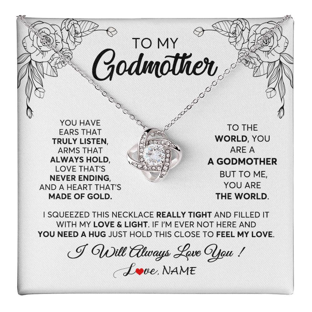 Love Knot Necklace 14K White Gold Finish | 1 | Personalized To My Godmother Necklace From Niece Hold This Close Feel My Love Godmother Birthday Mothers Day Christmas Customized Gift Box Message Card | siriusteestore