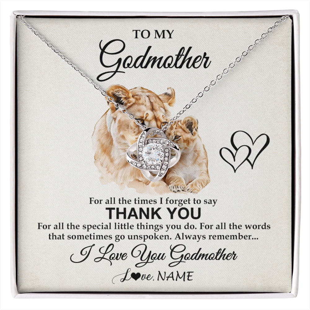 Love Knot Necklace 14K White Gold Finish | 1 | Personalized To My Godmother Necklace From Niece Nephew Thank You Lion Aunt Gift For Mothers Day Birthday Gift Christmas For Godmother Gift Box Message Card | siriusteestore