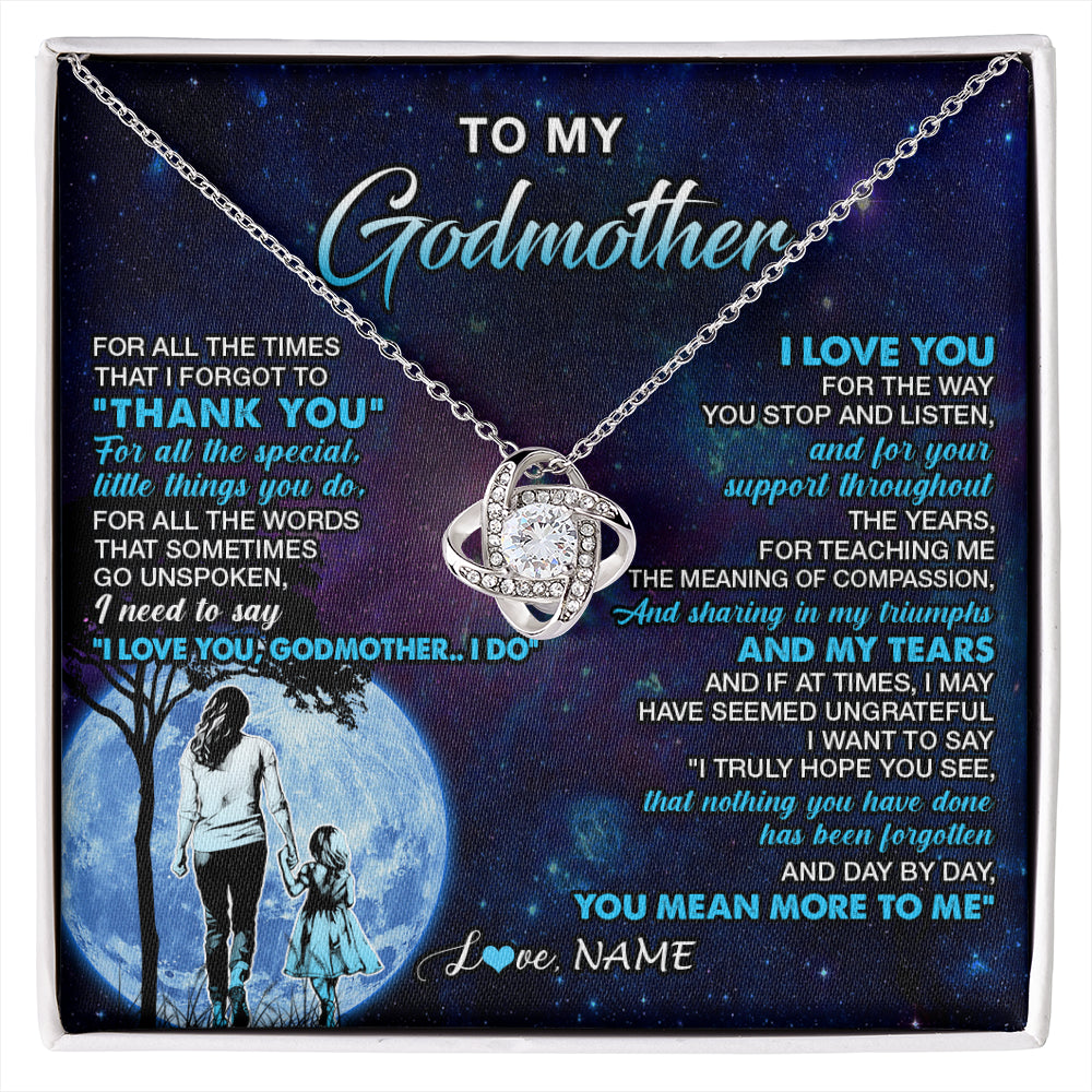 Love Knot Necklace 14K White Gold Finish | 1 | Personalized To My Godmother Necklace From Niece Thank You Day By Day Godmother Birthday Gifts Mothers Day Christmas Customized Gift Box Message Card | siriusteestore