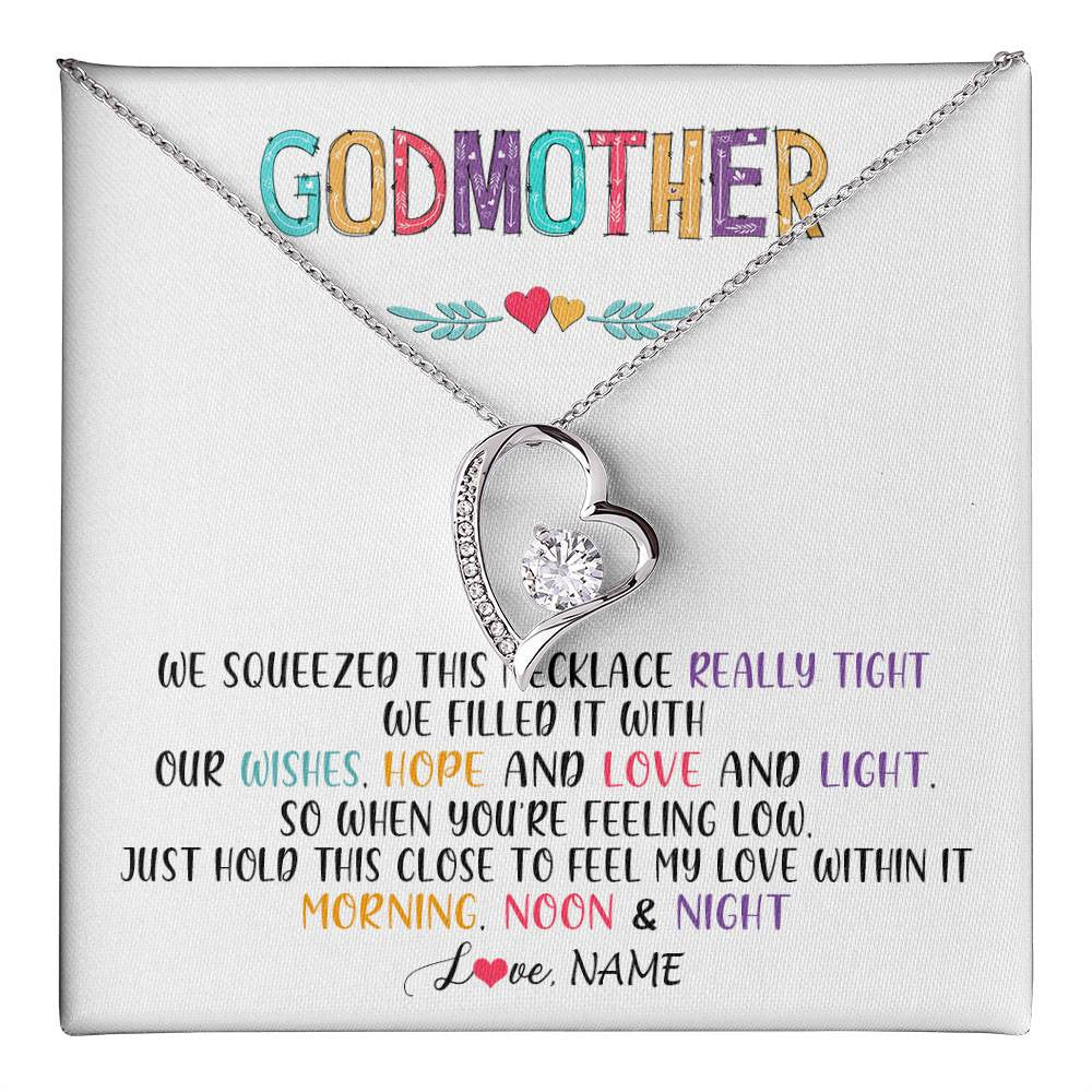 Forever Love Necklace 14K White Gold Finish | 1 | Personalized To My Godmother Necklace From Niece We Squeezed This Necklace Godmother Birthday Mothers Day Christmas Customized Gift Box Message Card | siriusteestore