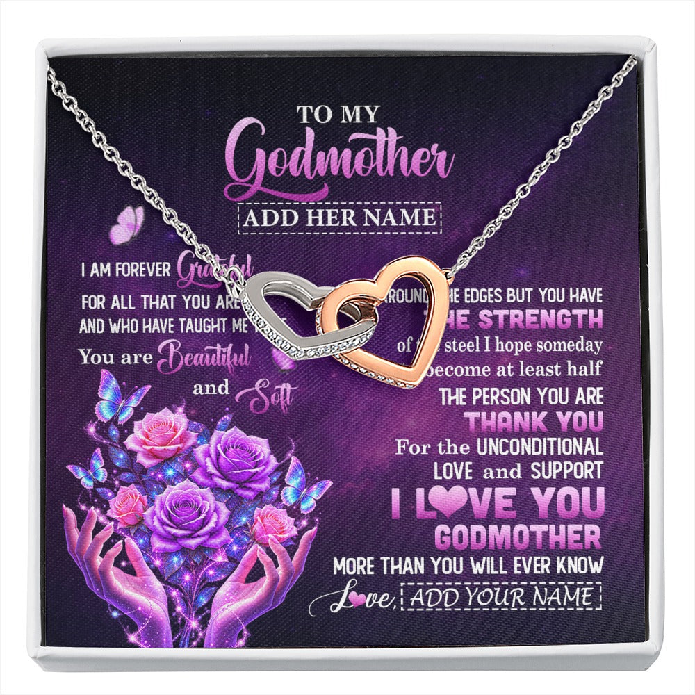 Interlocking Hearts Necklace Stainless Steel & Rose Gold Finish | 1 | Personalized To My Godmother Necklace Thank You For Love Butterfly Godmother Birthday Mothers Day Thanksgiving Christmas Custom Gift Box Message Card | https://siriusteestore.