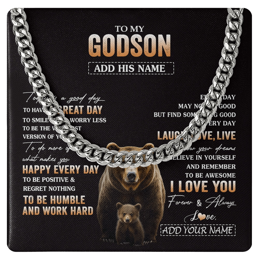 Cuban Link Chain Necklace Stainless Steel | 1 | Personalized To My Godson Bear Necklace From Godmother Uncle Every Day Laugh Love Live Godson Birthday Gifts Graduation Christmas Custom Gift Box Message Card | https://siriusteestore.