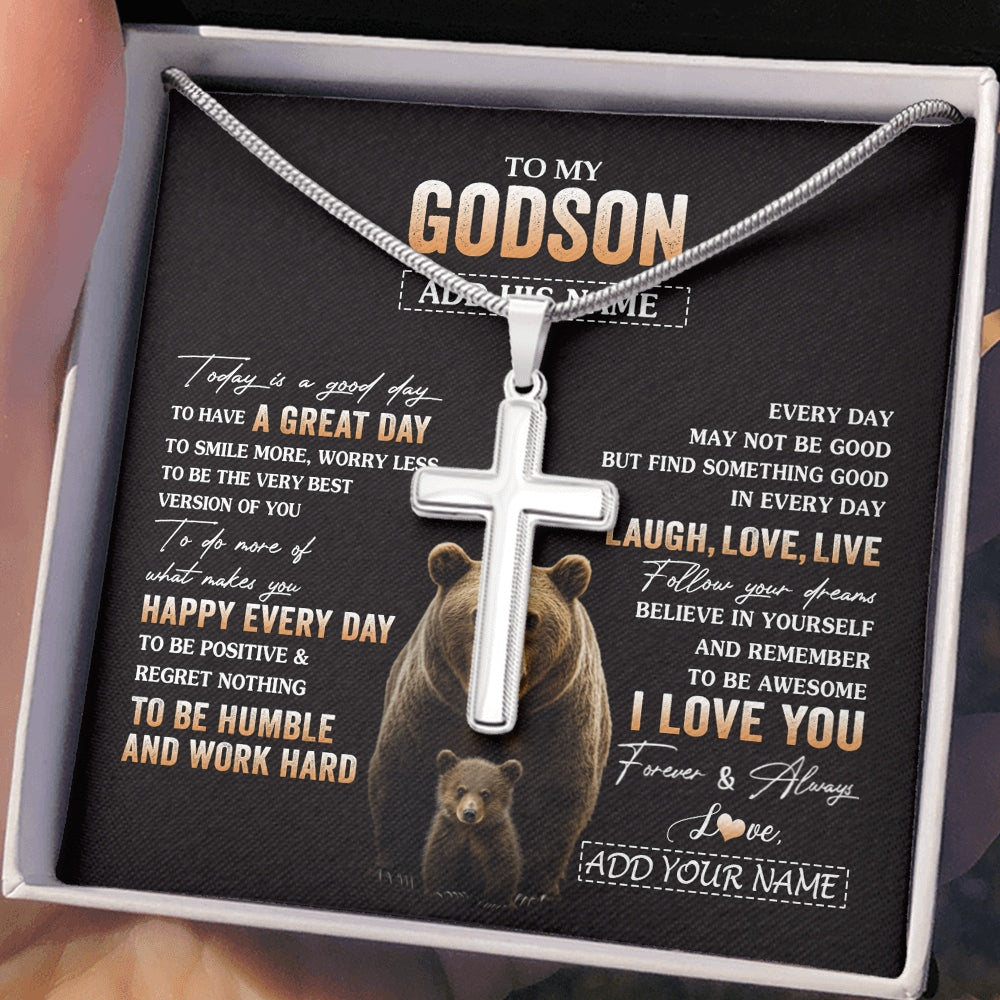 Stainless Cross Necklace Stainless Steel | 2 | Personalized To My Godson Bear Necklace From Godmother Uncle Every Day Laugh Love Live Godson Birthday Gifts Graduation Christmas Custom Gift Box Message Card | https://siriusteestore.