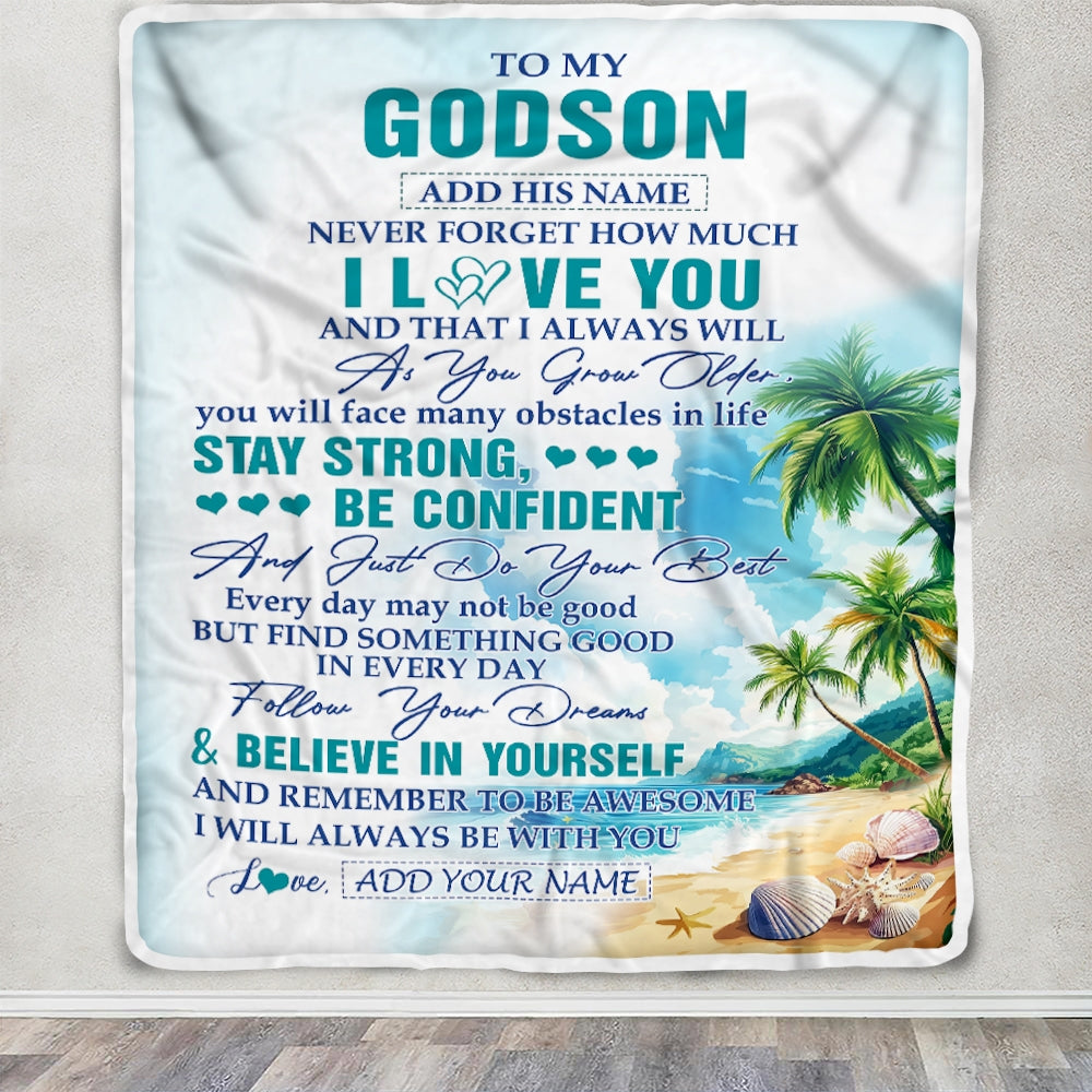 Personalized To My Godson Blanket Beach I Love You Forever From Godmother Godfather Godson Birthday Gifts Christmas Graduation Customized Fleece Blanket | siriusteestore