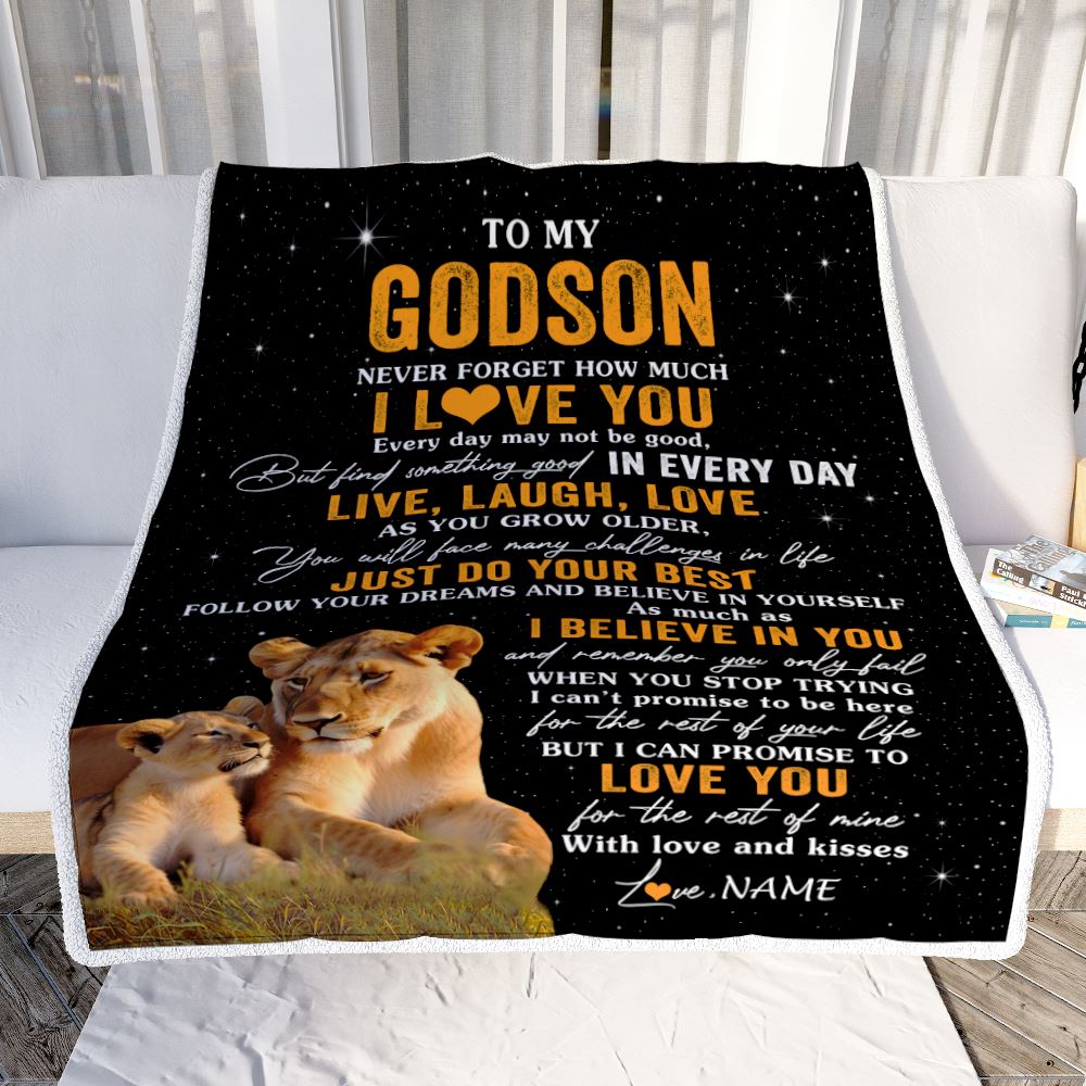 Personalized To My Godson Blanket From Aunt Live Laugh Love Lion Godchild Godson Birthday Gifts Positive Graduation Christmas Customized Fleece Blanket | siriusteestore