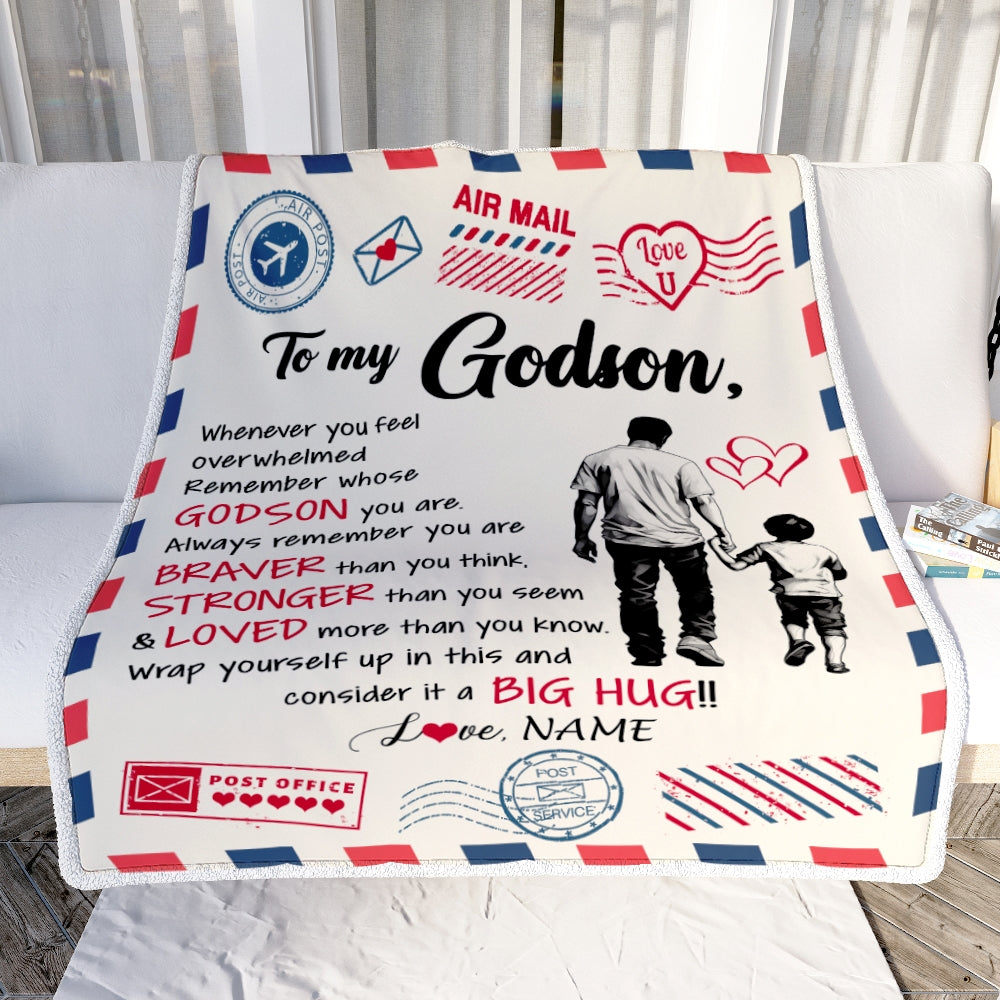 Personalized To My Godson Blanket From Godfather Braver Stronger Loved Airmail Godson Birthday Graduation Christmas Customized Bed Fleece Throw Blanket | siriusteestore