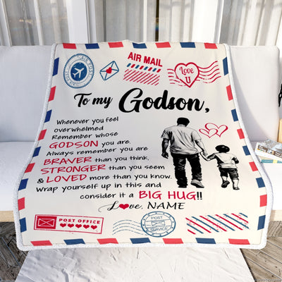 Personalized To My Godson Blanket From Godfather Braver Stronger Loved Airmail Godson Birthday Graduation Christmas Customized Bed Fleece Throw Blanket | siriusteestore