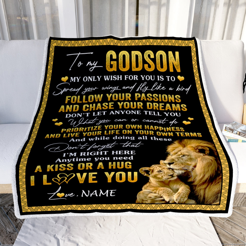Personalized To My Godson Blanket From Godfather Lion My Only Wish For You Godson Birthday Graduation Christmas Customized Bed Fleece Throw Blanket | siriusteestore