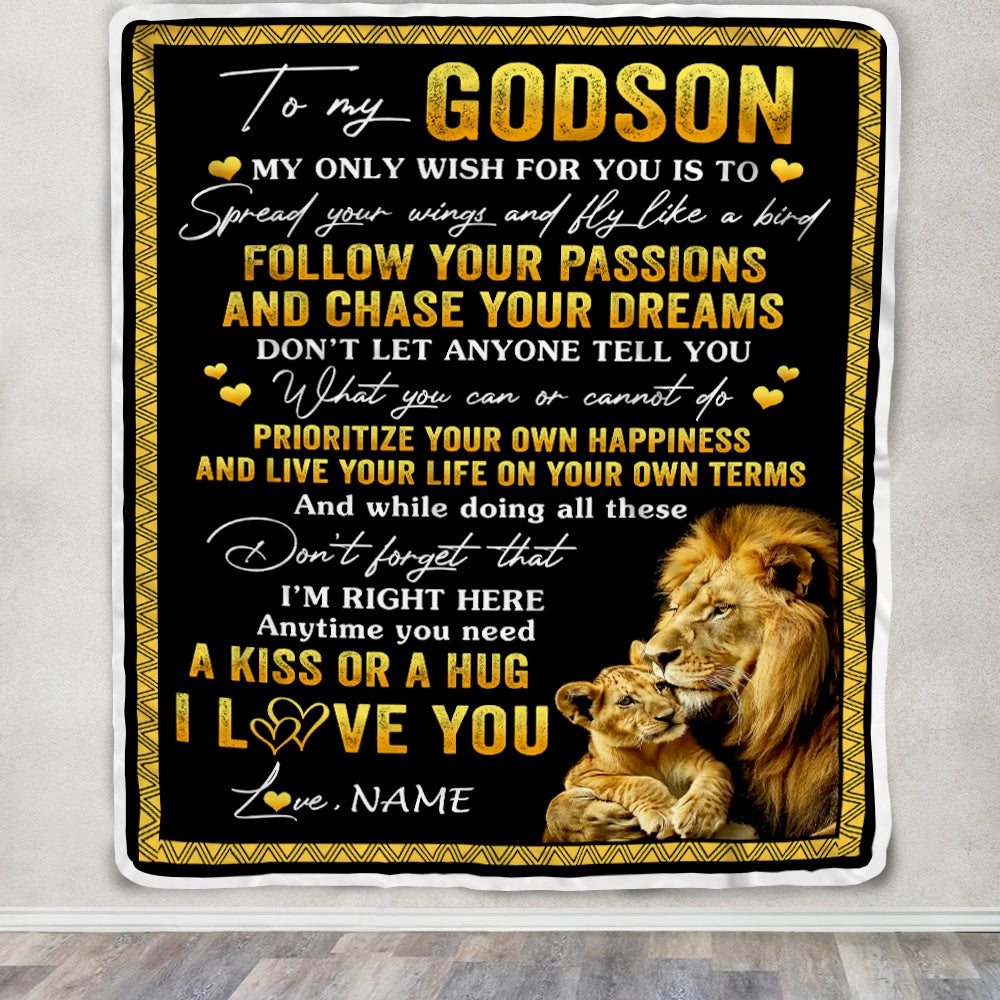 Personalized To My Godson Blanket From Godfather Lion My Only Wish For You Godson Birthday Graduation Christmas Customized Bed Fleece Throw Blanket | siriusteestore