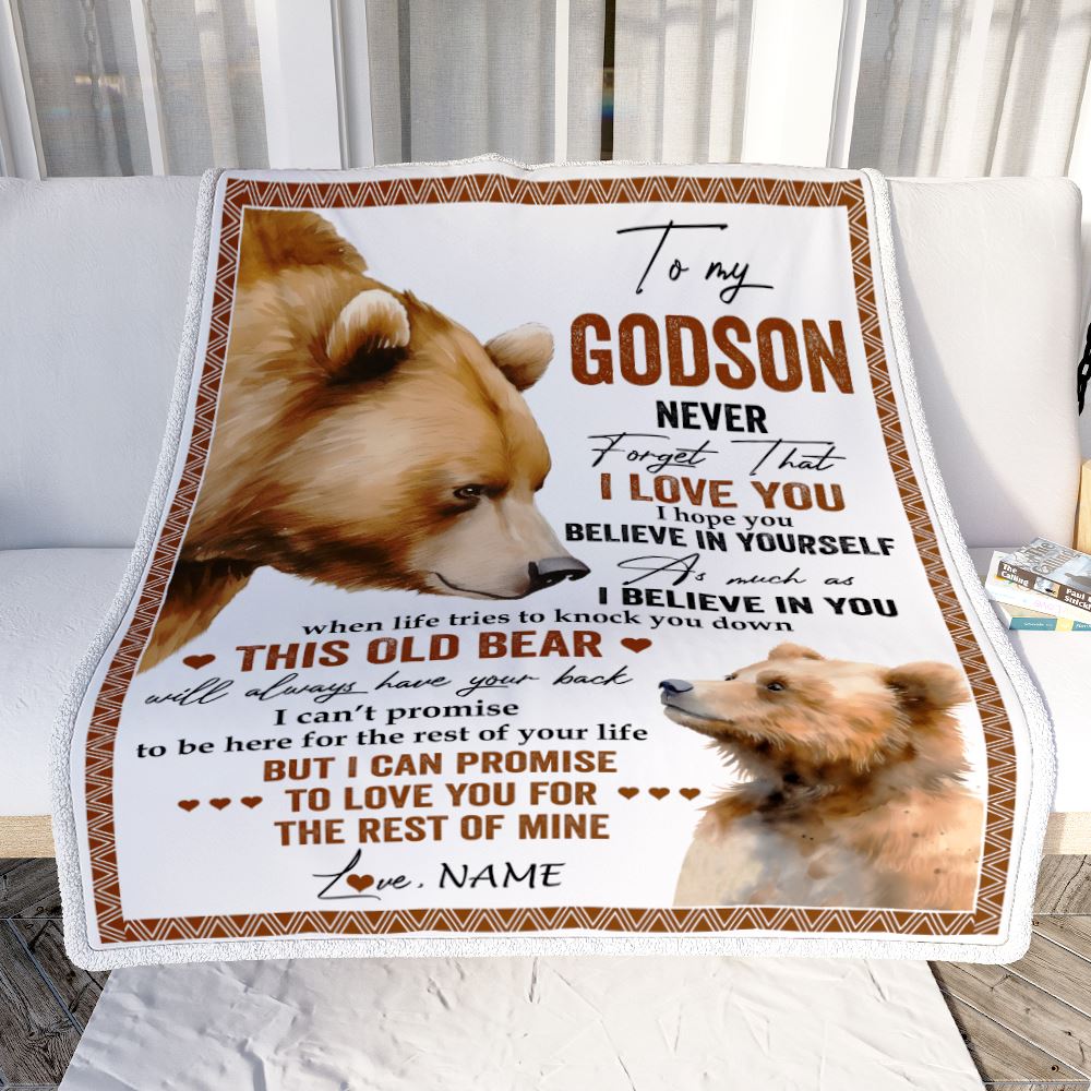 Personalized To My Godson Blanket From Godfather Never Forget That I Love You Bear Godson Birthday Graduation Christmas Customized Bed Fleece Throw Blanket | siriusteestore