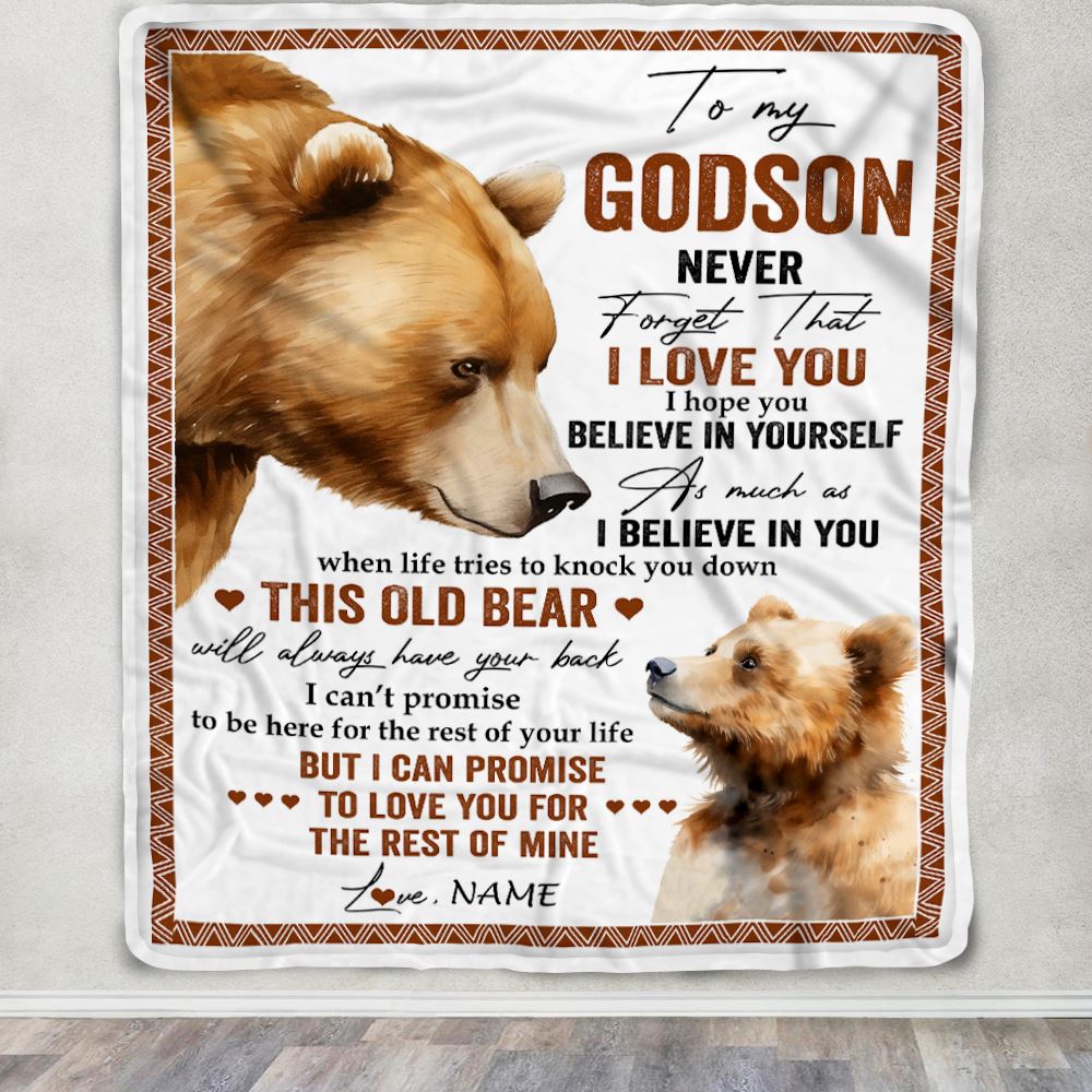 Personalized To My Godson Blanket From Godfather Never Forget That I Love You Bear Godson Birthday Graduation Christmas Customized Bed Fleece Throw Blanket | siriusteestore