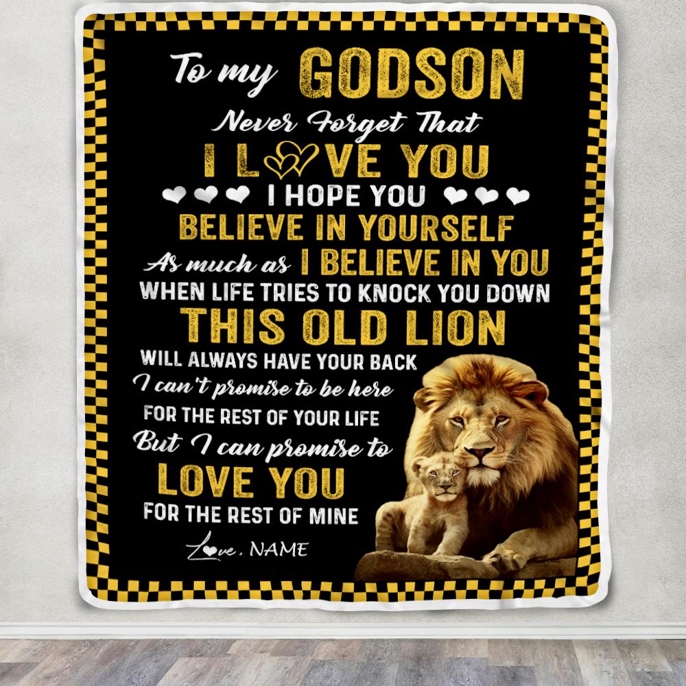 Personalized To My Godson Blanket From Godfather This Old Lion Love You Godson Birthday Graduation Christmas Customized Bed Fleece Throw Blanket | siriusteestore