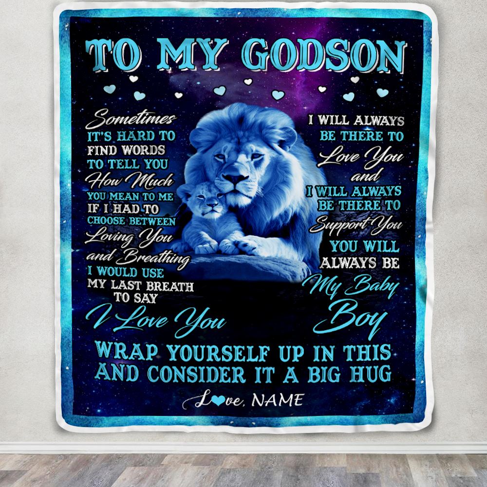 Personalized To My Godson Blanket From Godfather Uncle Sometimes It's Hard Lion Godson Gift Birthday Graduation Christmas Customized Fleece Throw Blanket | siriusteestore
