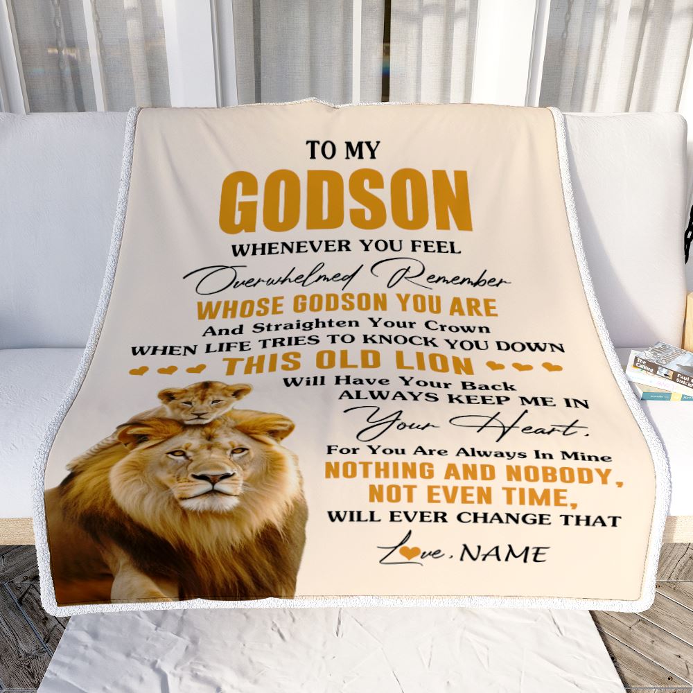 Personalized To My Godson Blanket From Godfather Whenever You Fell Overwhelmed Lion Godson Birthday Gifts Graduation Christmas Customized Fleece Blanket | siriusteestore